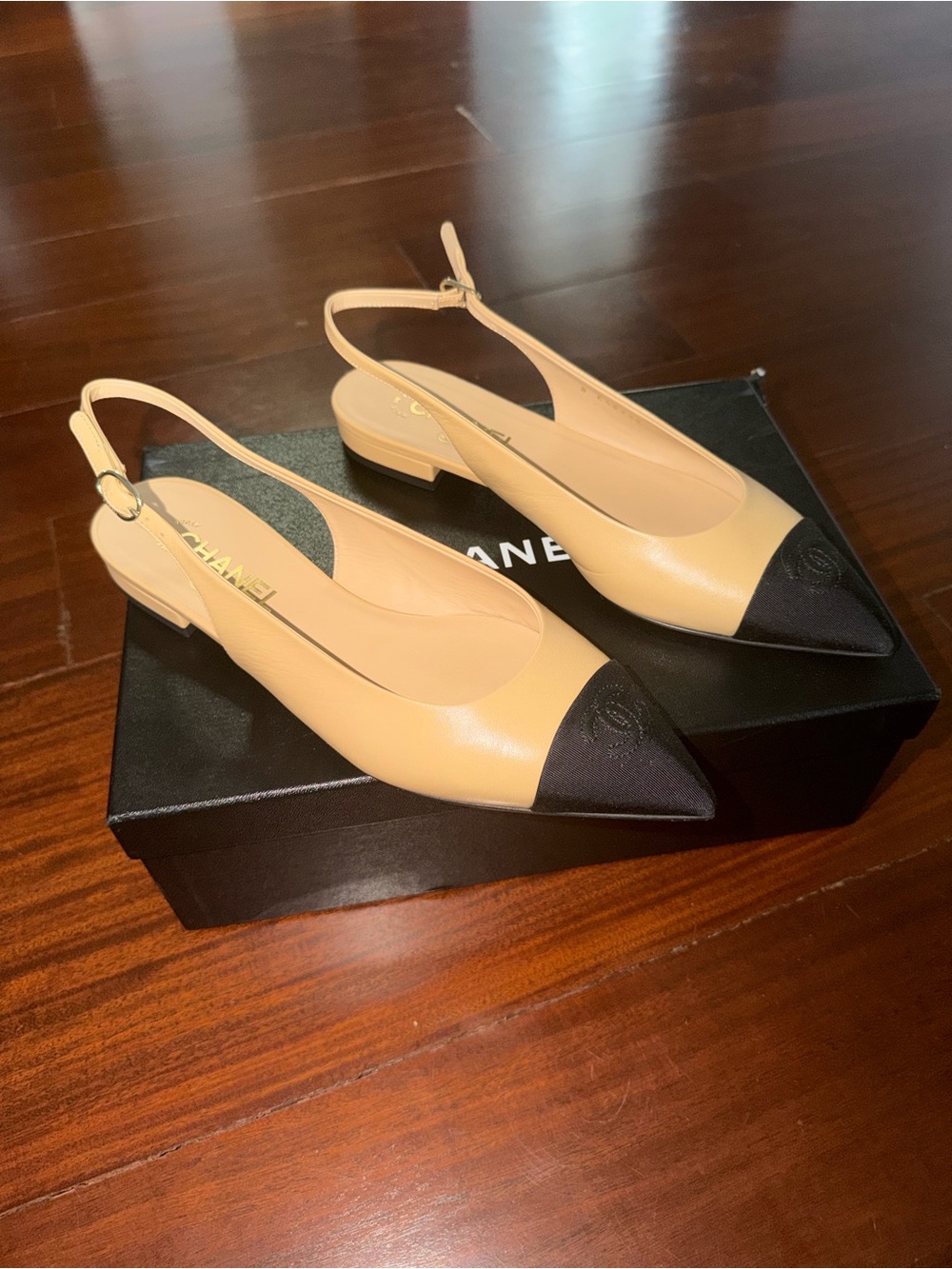 Chanel Pointed Toe Lambskin Flats Beige and Black